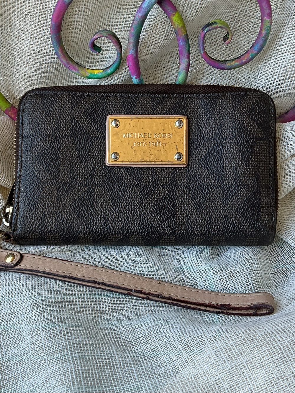 Michael Kors Black Pebbled Leather Wristlet with Gold Plate